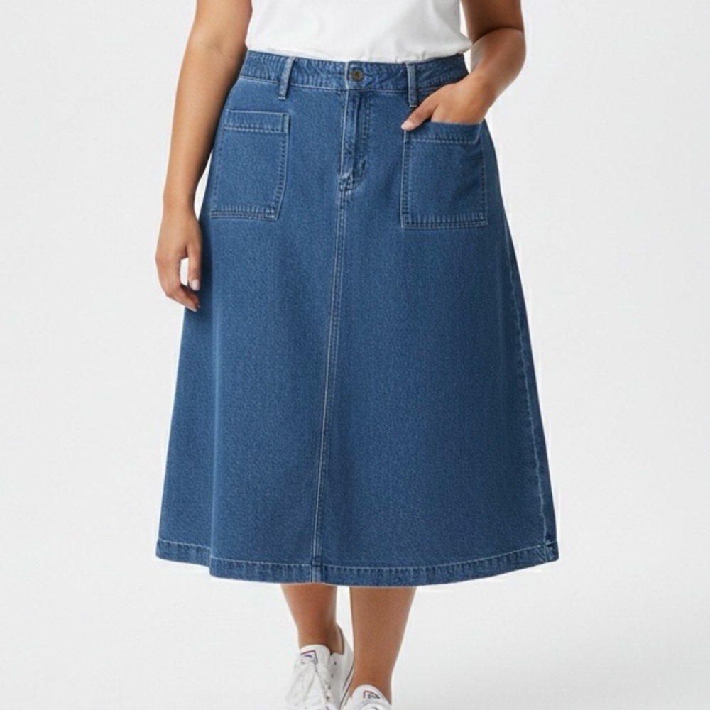 Y2K Liz Claiborne Jean Denim Midi Skirt Long Patch Pocket Front Plus 14